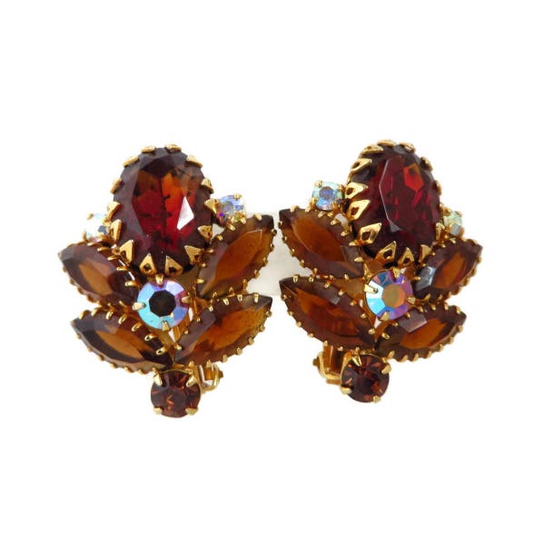 Juliana D&E Earrings - Vintage Amber Rhinestone Gold Tone Clip-ons - Verified Juliana Jewelry