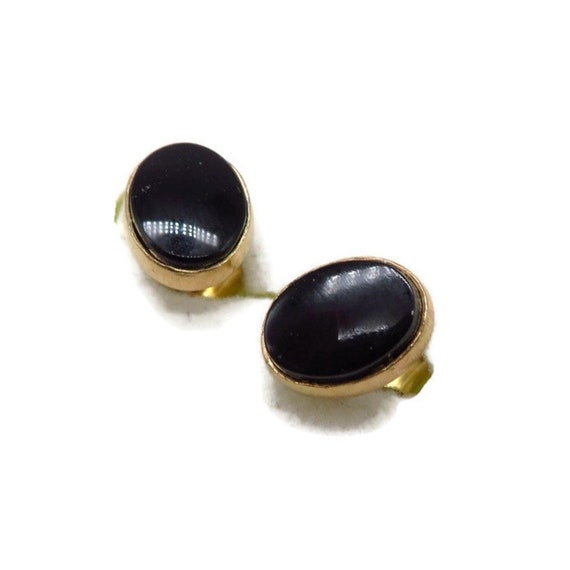 Vintage 14K Gold Onyx Earrings, Oval Pierced Studs - image 3
