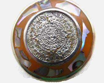 Alpaca Silver Mayan Calendar Brooch Pendant Vintage Mexican Jewelry