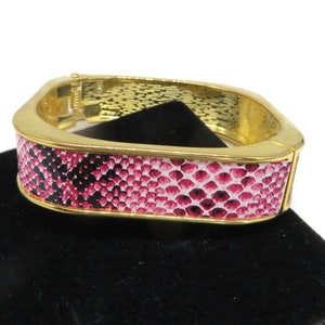 Kenneth Jay Lane Pink Bangle Faux Snakeskin Bracelet Gold Tone Square Hinged Bangle Vintage KJL Jewelry