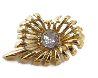 Vintage Brooch, Spiky Gold Tone Floral Pin with Center Rhinestone