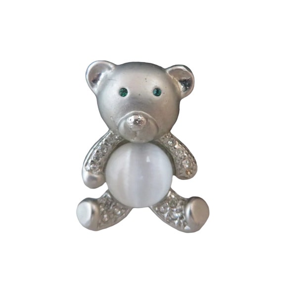 Vintage Teddy Bear Pin, Moonstone Rhinestone Silv… - image 6