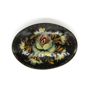 Vintage Black Oval Hand Painted Floral Design Wood Pin