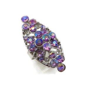 Purple Rhinestone Cocktail Ring Adjustable Ring Vintage Fashion Jewelry Size 8