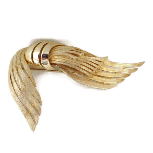 LEDO Polcini Signed Ribbon Brooch, Large Gold Tone Pin, Mid Century Designer Jewelry