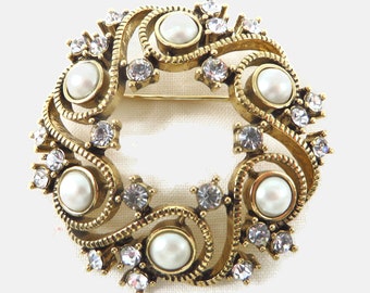 Vintage Monet Circle Pin, Faux Pearl and Rhinestone Wreath Brooch