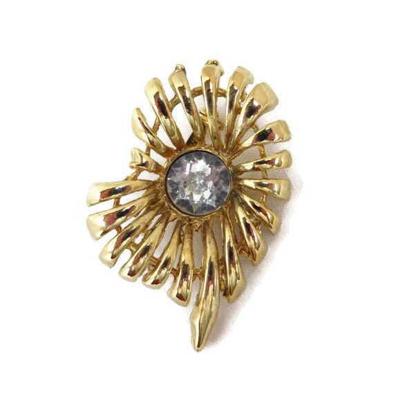 Vintage Rhinestone Center Gold Tone Spiky Flower … - image 3