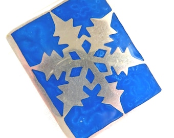 Alpaca Silver Snowflake Brooch Pendant: Blue Enamel Mexico Jewelry