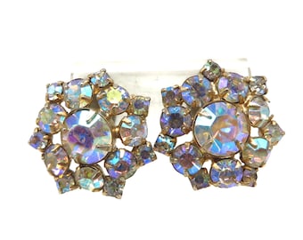 Vintage AB Rhinestone Earrings, Mid-Century Sparkly Cluster Clip-ons