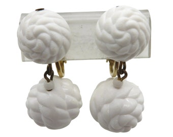 Vintage White Bead Earrings, Napier Dangling Gold Tone Clip-ons