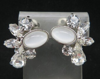 Vintage Czech Glass Earrings, Silver Tone Rhinestone Clip-ons