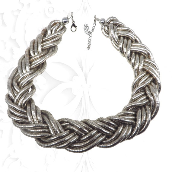 Vintage Chunky Braided Necklace, Silver Tone Chok… - image 2
