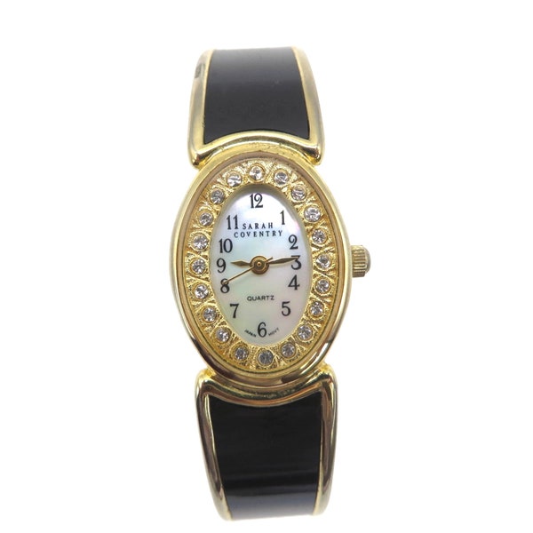 Vintage Sarah Coventry Watch Navy Blue Clamper Bracelet Faux Diamond Faced Timepiece