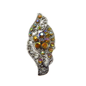 Vintage Adjustable Cocktail Ring Silver Tone Orange Rhinestones Size 8