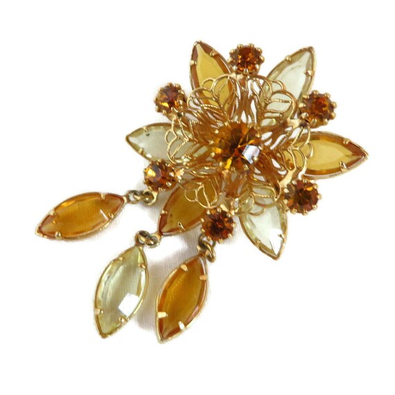 Vintage Orange Rhinestone Flower Brooch with Dangl