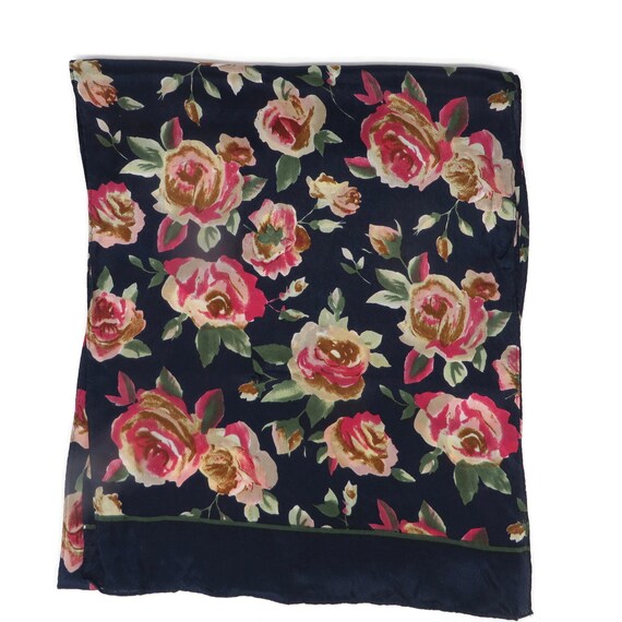 Vintage ECHO Silk Scarf, Navy Blue, Pink Roses, 5… - image 1