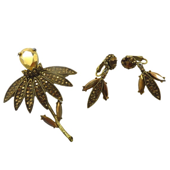 Hollycraft Brooch and Earrings Set Golden Rhinest… - image 4