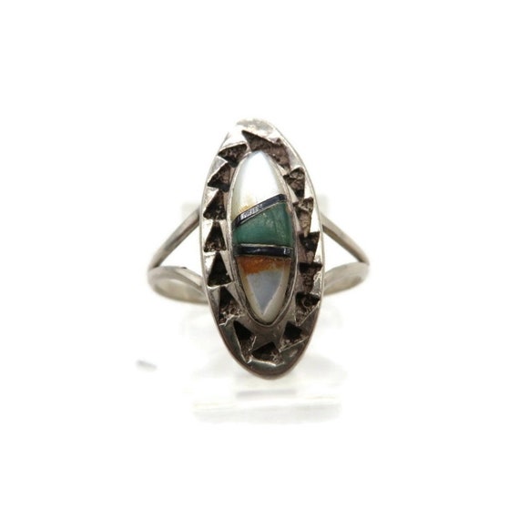 Vintage Sterling Silver Navajo Ring, MOP, Turquoi… - image 4