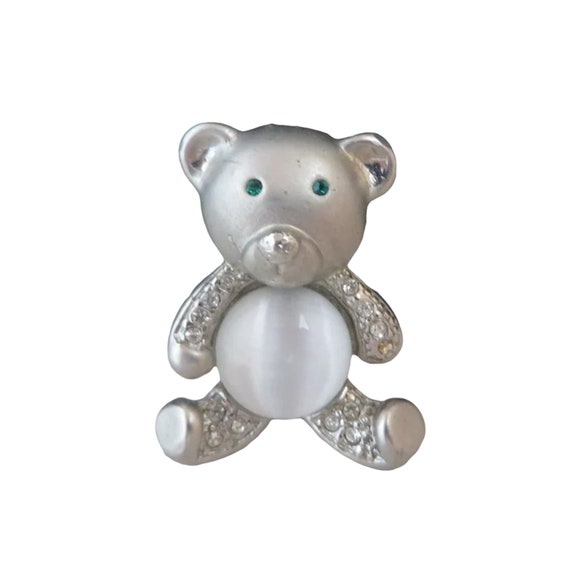 Vintage Teddy Bear Pin, Moonstone Rhinestone Silv… - image 1