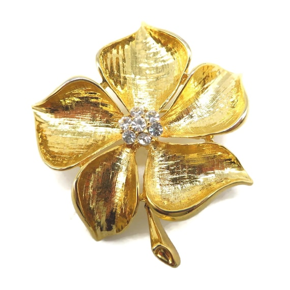 Vintage CORO Flower Brooch, Gold Tone Rhinestone C