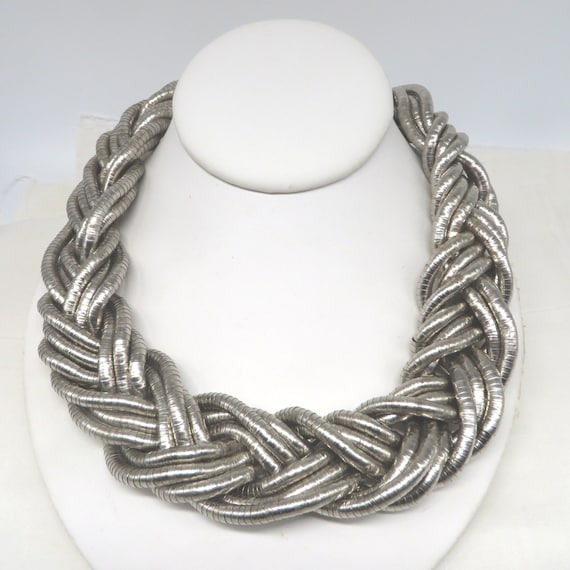 Vintage Chunky Braided Necklace, Silver Tone Chok… - image 1