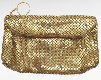 Vintage Gold Mesh Evening Bag, Zippered Clutch with Mirror, Disco Purse, Glittery Handbag