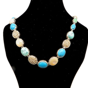 Monet Multicolor Beaded Necklace Turquoise Cream and Brown Lucite Beads Vintage Monet Jewelry