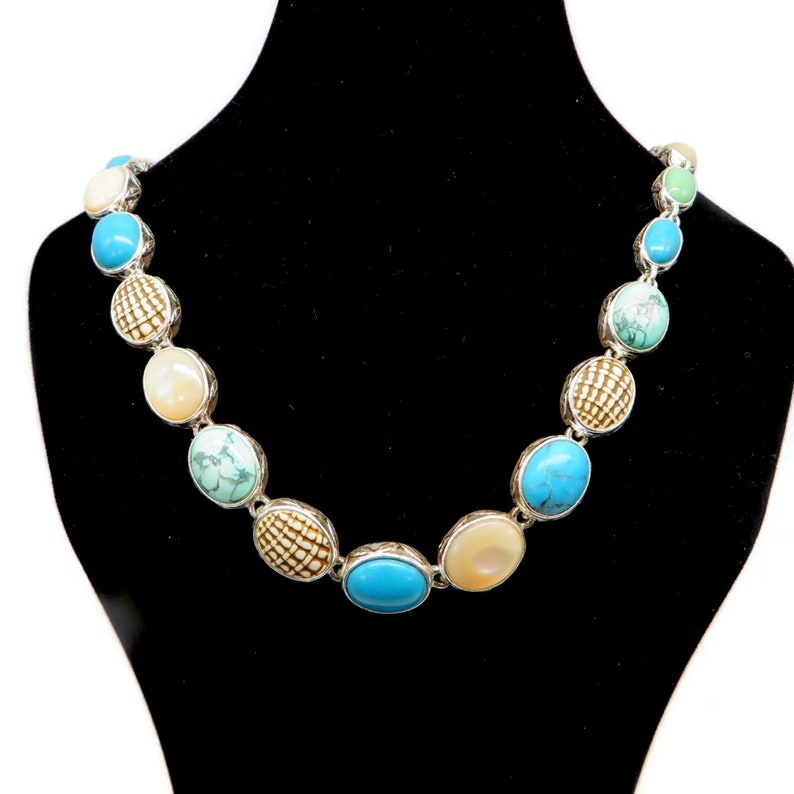 Colorful Monet Beaded Necklace in Cream, Aqua and Green