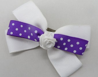 Vintage White and  Purple Polka Dot Barrette, Grosgrain Bow Hair Clip