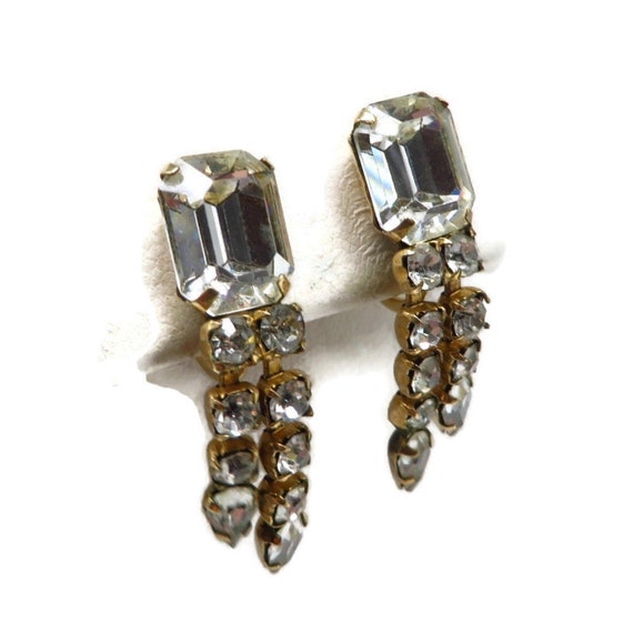 Clear Rhinestone Dangle Earrings, Gold Filled Scr… - image 2