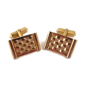 Vintage Gold Tone Checkerboard Cuff Links: 1970s Suit Accessory