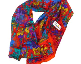 Vintage Silk Scarf, Liz Claiborne 67 Inch Long Narrow Scarf, Vibrant Red, Blue, Green and Yellow Floral 1990's