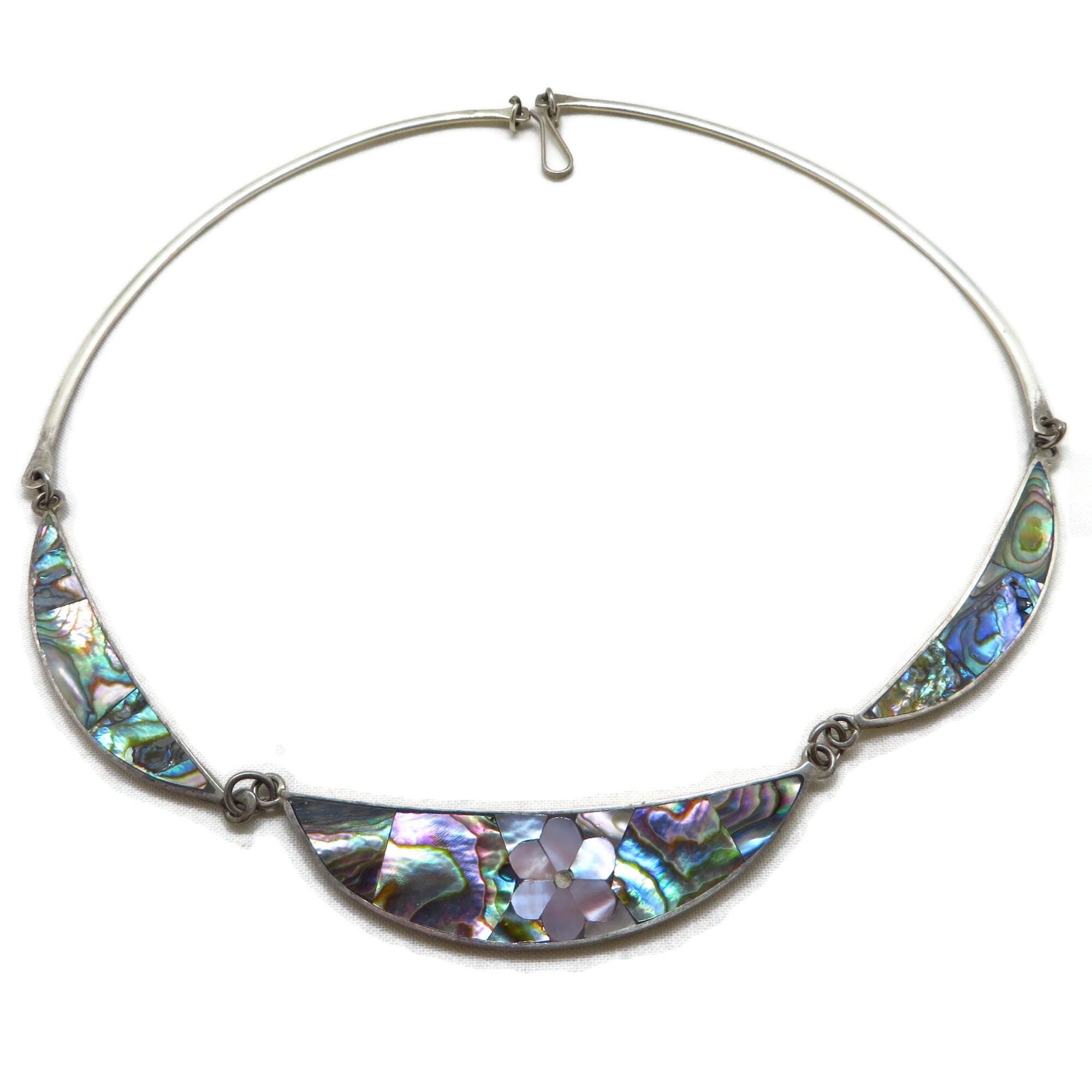 Vintage Alpaca Silver Abalone Shell Choker Necklace Mexico Jewelry 