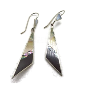 Vintage Black Enamel MOP Earrings Dangling Alpaca Pierced Wire Earrings