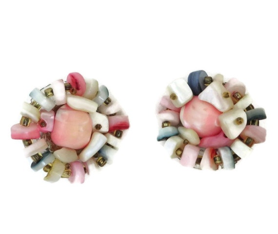 Pink Bead Cluster Earrings, Shells and Beads Clip… - image 5