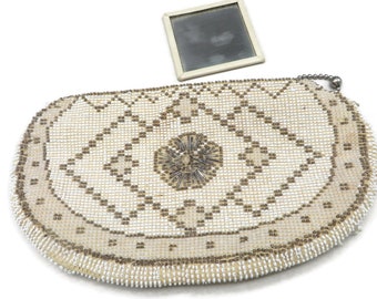 Vintage Cream Beaded Clutch Purse, 1930's Czech Evening Bag with Mirror