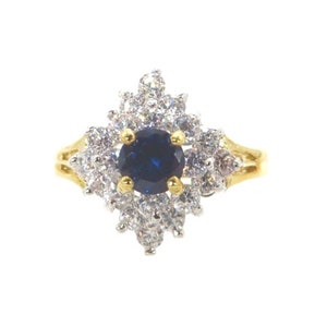 Blue Glass and CZ Gold Plated Cocktail Ring signed Lind
