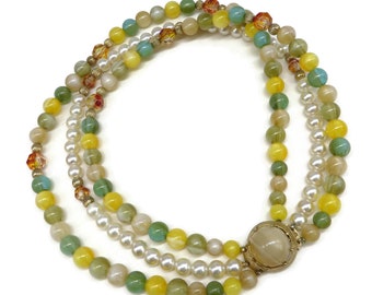 Coro Triple Strand Beaded Necklace, Green Yellow Marbled Beads, Faux Pearls, Mid Century Jewelry