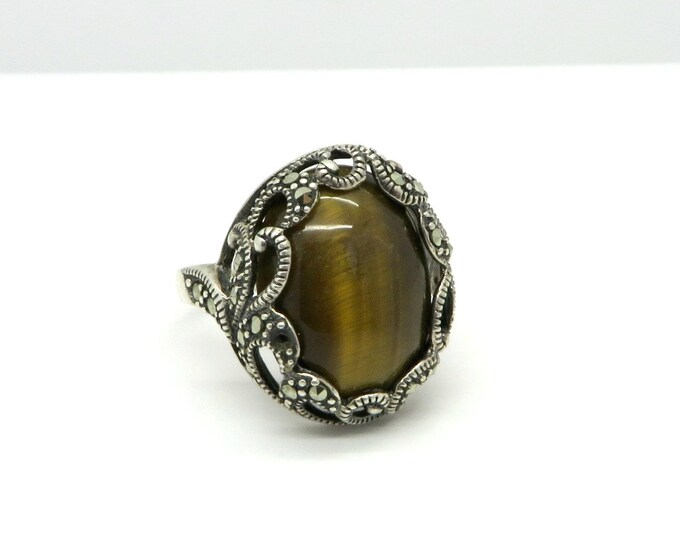 Vintage Tiger Eye Ring Sterling Silver Marcasite Ring Size Etsy
