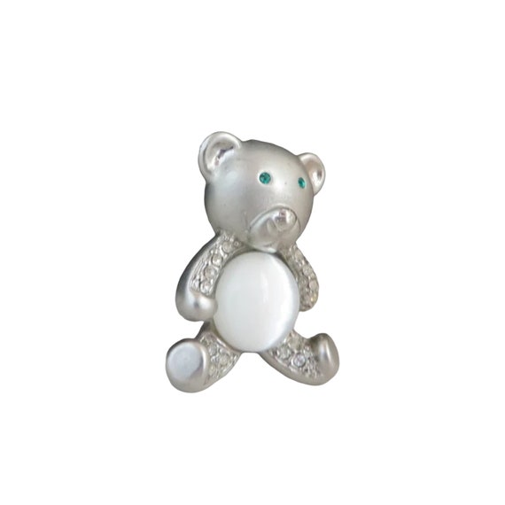Vintage Teddy Bear Pin, Moonstone Rhinestone Silv… - image 4