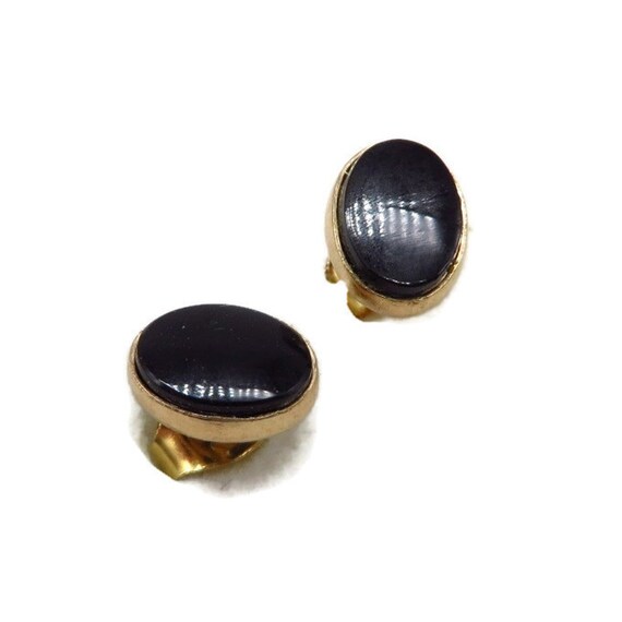 Vintage 14K Gold Onyx Earrings, Oval Pierced Studs - image 2