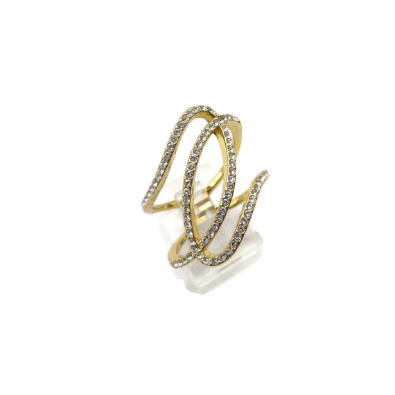 Vintage Costume Jewelry Ring, Gold Tone Rhineston… - image 2