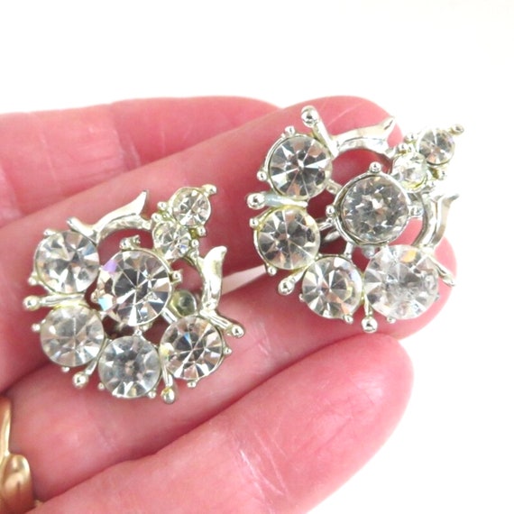 Coro Clear Rhinestone Earrings, Silver Tone Screw… - image 2