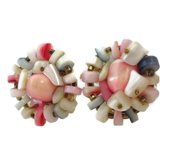 Pink Bead Cluster Earrings, Shells and Beads Clip… - image 3
