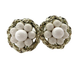 Vintage Coro White Bead Earrings, Birds Nest Cluster Clip-ons