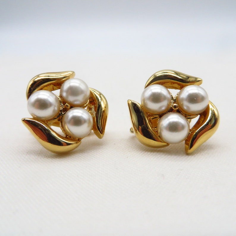 Vintage Napier Earrings Small Faux Pearl Gold Tone Clip-ons image 4
