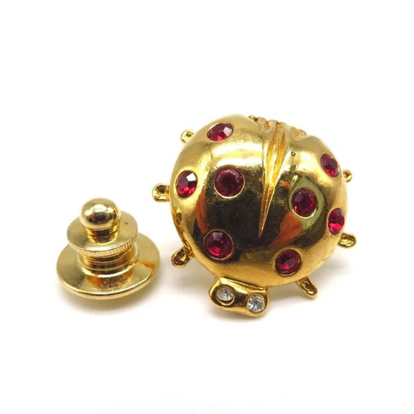 Vintage Tie Tac, AVON Ladybug Tac Pin, Gold Tone Red, White Crystals Lapel Pin