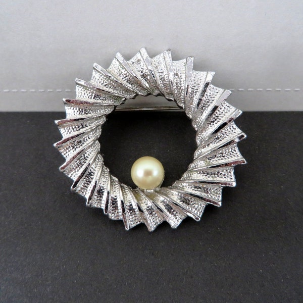 DuBarry Circle Pin, Silver Tone Ridged Faux Pearl Brooch