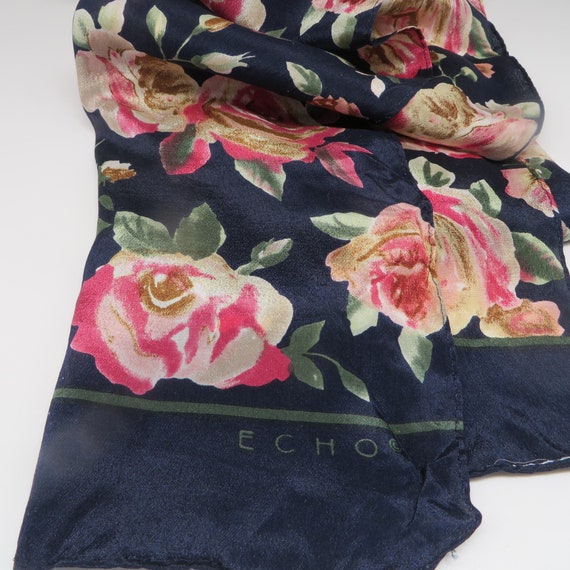 Vintage ECHO Silk Scarf, Navy Blue, Pink Roses, 5… - image 7