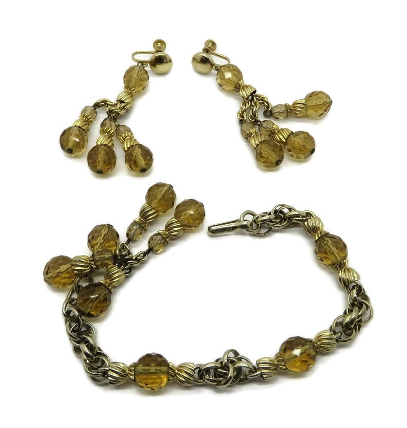Designer Signed Jewelry Amber Crystal Gold Tone Demi Parure Vintage EISENBERG Bracelet Earrings Set
